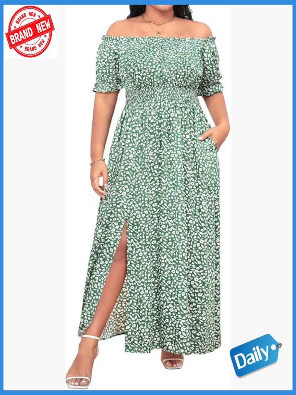 Off The Shoulder Boho Maxi Dress Plus Size Smocked Waist Split with Pockets
